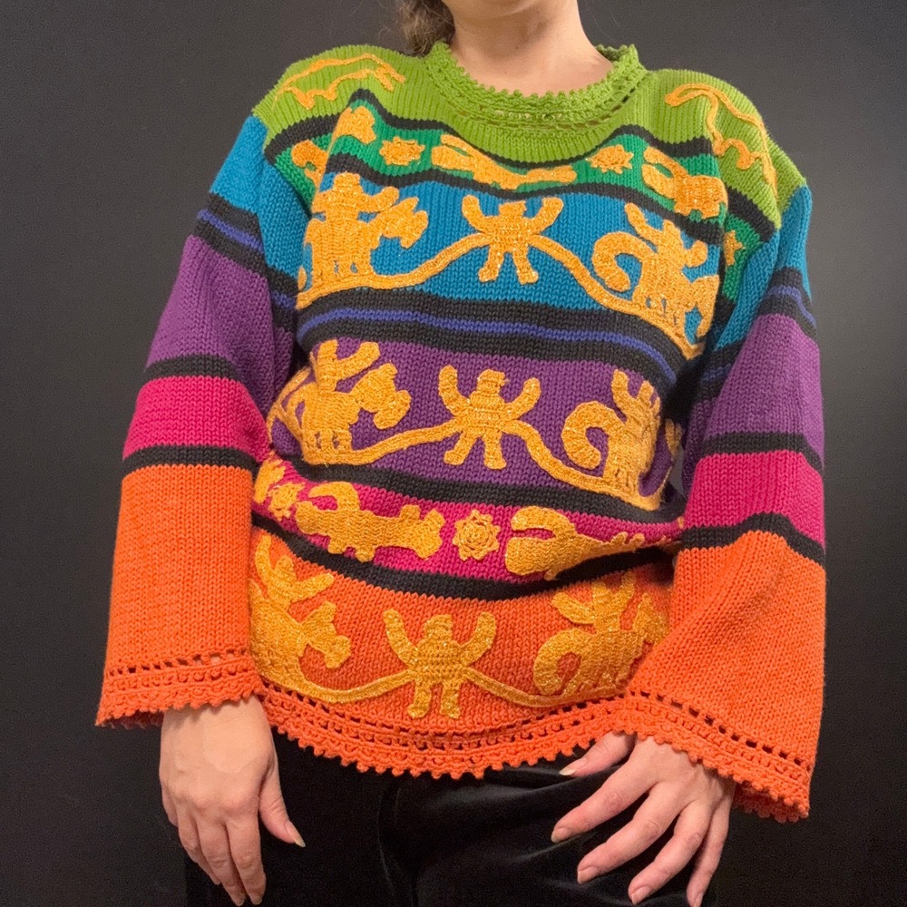 Vtg Rainbow Gold‎ Oversized Knit Sweater M Cotton Maximalist Art to wear Artsy